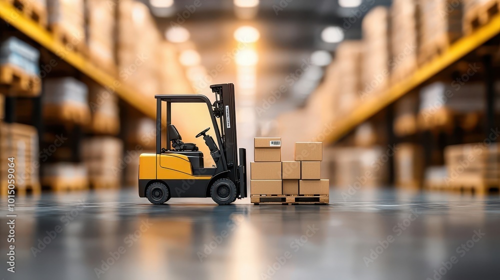Forklift lifting a pallet in a modern warehouse, efficient logistics process Forklift lifting a pallet in a modern warehouse, efficient logistics process