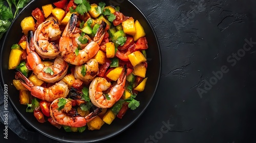 Vibrant seafood dish featuring succulent shrimp mixed with fresh vegetables and tropical mango chunks, garnished with herbs.