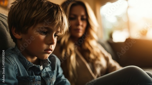 A thoughtful child sits beside a caring mother in a softly lit room, conveying a sense of contemplation and familial comfort, with warm tones enhancing the mood.