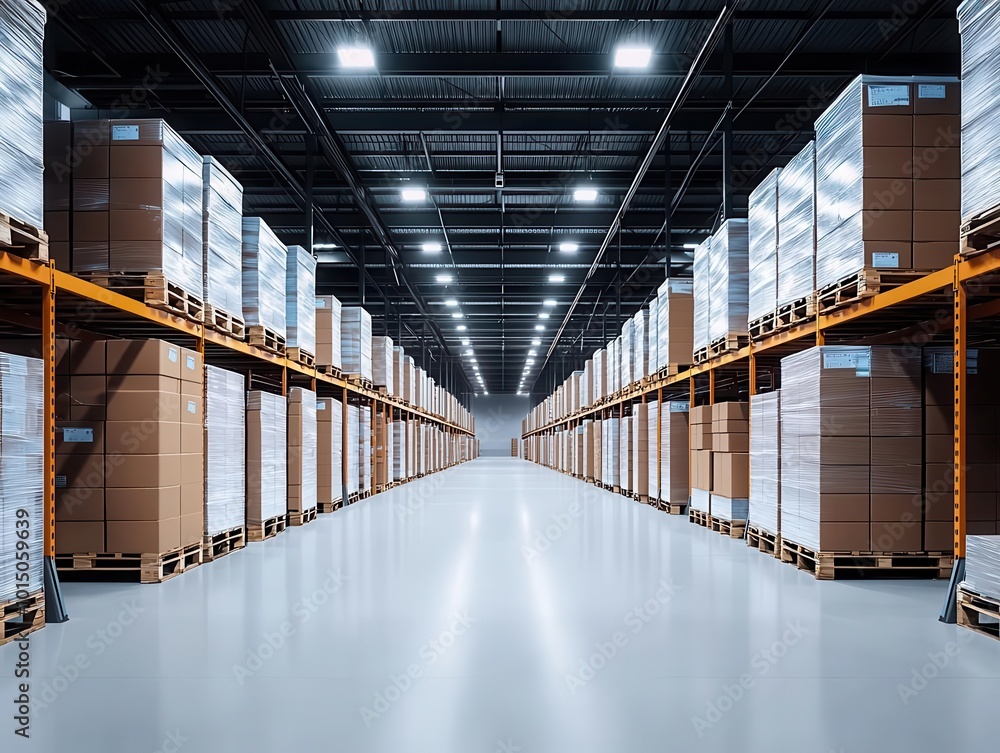 Modern warehouse interior, neatly stacked pallets, bright lighting, clean aisles, logistics hub Modern warehouse interior, neatly stacked pallets, bright lighting, clean aisles, logistics hub