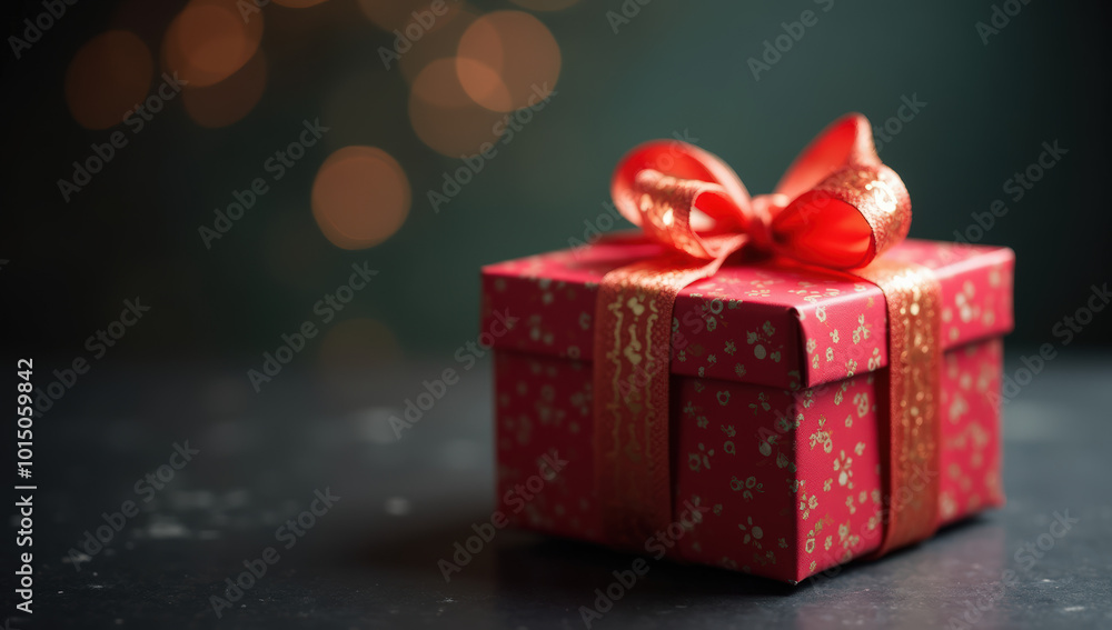 Beautifully Wrapped Red Gift Box With Ribbon on Dark Background Beautifully Wrapped Red Gift Box With Ribbon on Dark Background