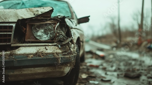 A severely damaged car with a broken headlight is seen on a foggy and desolate road, highlighting the aftermath of an accident in a rural setting. photo