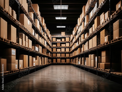 Warehouse with towering shelves, neat rows of boxes, efficient logistics operation photo