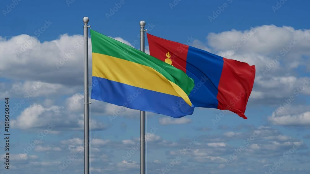 Mongolia and Gabon flags flying together, video concept of the relationship, two country cooperation concept Mongolia and Gabon flags flying together, video concept of the relationship, two country cooperation concept