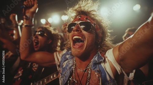 A rock musician in sunglasses and colorful outfit pumps up the crowd, embodying the wild energy and charisma of live rock and roll performance. photo