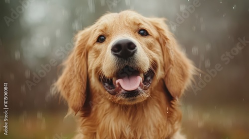 A happy golden retriever captures the essence of friendship and joy as it stands in a lush, natural green setting, embodying vitality and the beauty of nature.