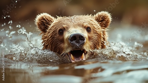 A formidable grizzly bear, with wet fur and open mouth, braves the currents of a river as it swims, portraying strength and survival in the wilderness.