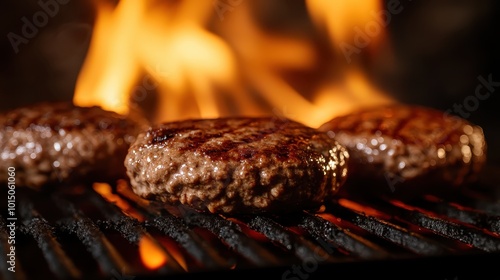 Three tantalizing burger patties cook over open flames on a grill, embodying the savory flavors and the excitement of grilling in a lively atmosphere. photo