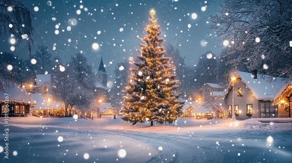 Snowy Village Square with Twinkling Holiday Lights