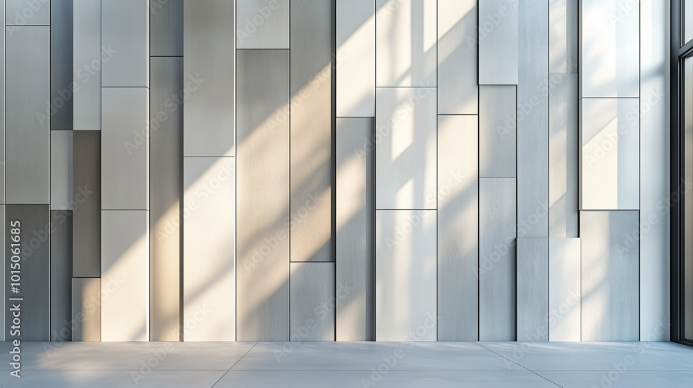 Obraz premium Contemporary Interior With Geometric Wall Panels And Bright Sunlit Shadows
