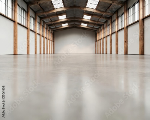 Massive warehouse space, empty shelves, clean and organized logistics setup