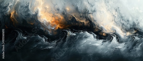 Abstract art of waves crashing on a stormy beach with dark clouds and foamy sea waves. photo