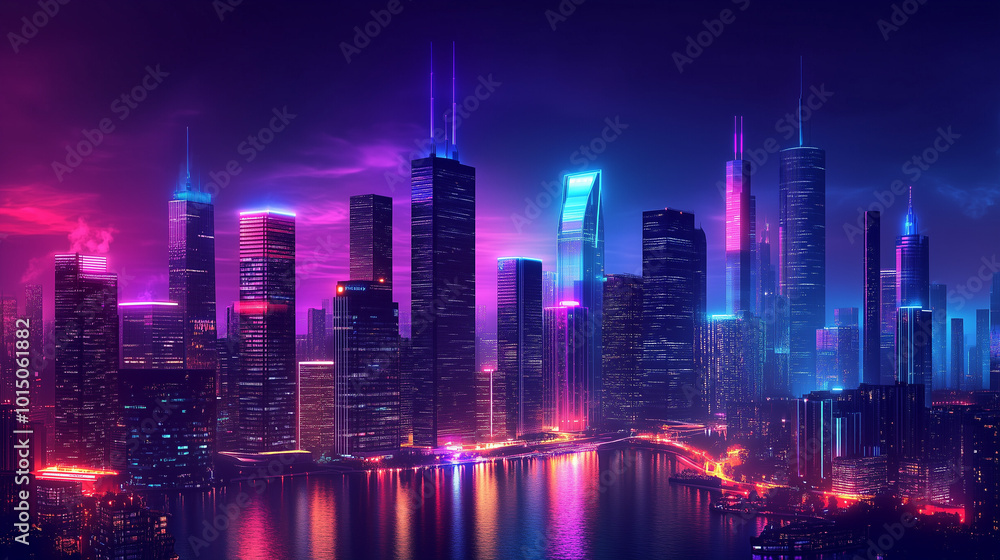 Fototapeta premium Urban Metropolis Nightview With Neon Glowing Skyscrapers Reflecting On Waterfront