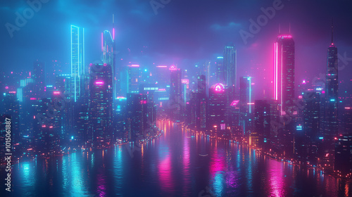 Futuristic City Nightscape With Neon Skyscrapers Reflected On Riverfront Lights