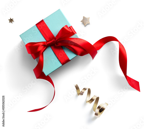 Christmas gift box Design elements with real soft transparent shadow. Christmas design elements; red ribbon bow and golden confetti, flat lay, clipping path, PNG