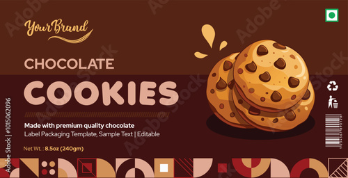 Chocolate cookies label packaging design, sandwich cookies box design, Delicious chocolate biscuit snacks dessert packaging design, editable vector illustration template file