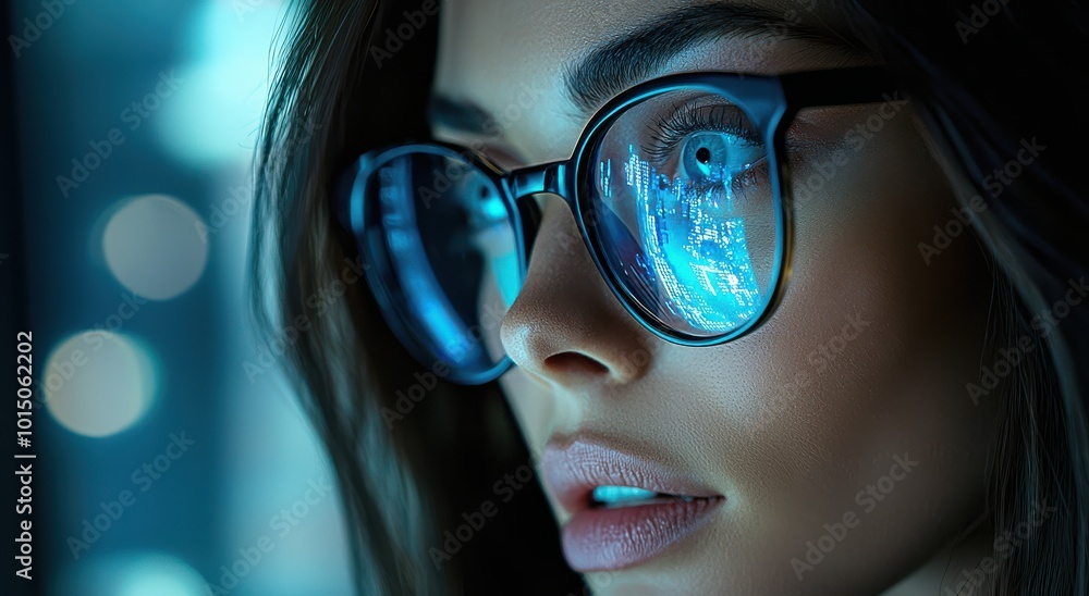 Close-up of an attractive woman wearing glasses with digital reflections, conveying technology and contemplation in a modern, futuristic environment Close-up of an attractive woman wearing glasses with digital reflections, conveying technology and contemplation in a modern, futuristic environment
