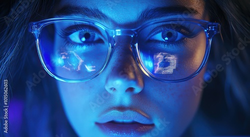 Close-up of a woman wearing glasses reflecting a digital display in dim blue lighting, highlighting her eyes. Modern technology and futuristic themes are explored through this captivating and visually