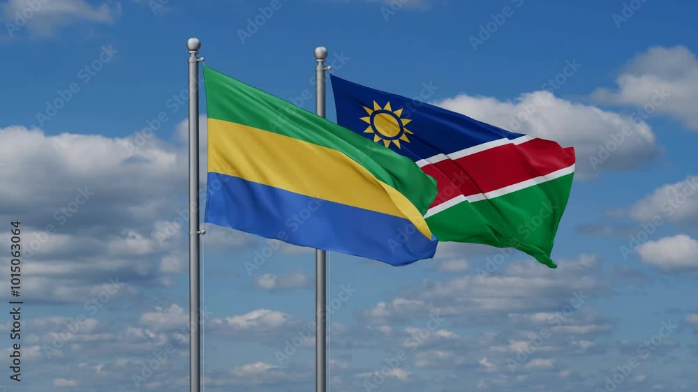 Gabon and Namibia flags flying together, video concept of the relationship, two country relations concept Gabon and Namibia flags flying together, video concept of the relationship, two country relations concept