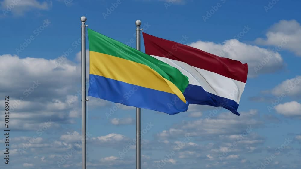 Netherlands and Gabon flags flying together, video concept of the relationship, two country relations concept Netherlands and Gabon flags flying together, video concept of the relationship, two country relations concept