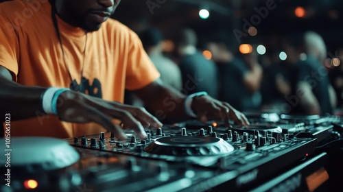 A DJ skillfully mixing music tracks on professional equipment during a lively nightlife event, surrounded by a vibrant and energetic crowd enjoying the ambiance. photo