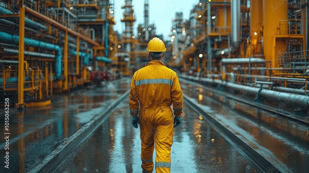 Industrial Worker in Safety Gear Inspecting Modern Factory with Complex Machinery and Piping Systems Industrial Worker in Safety Gear Inspecting Modern Factory with Complex Machinery and Piping Systems