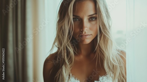 Close-up of a woman with long loose hair, staring intensely at the camera in soft sunlight, evoking a sense of serene contemplation and natural beauty. photo