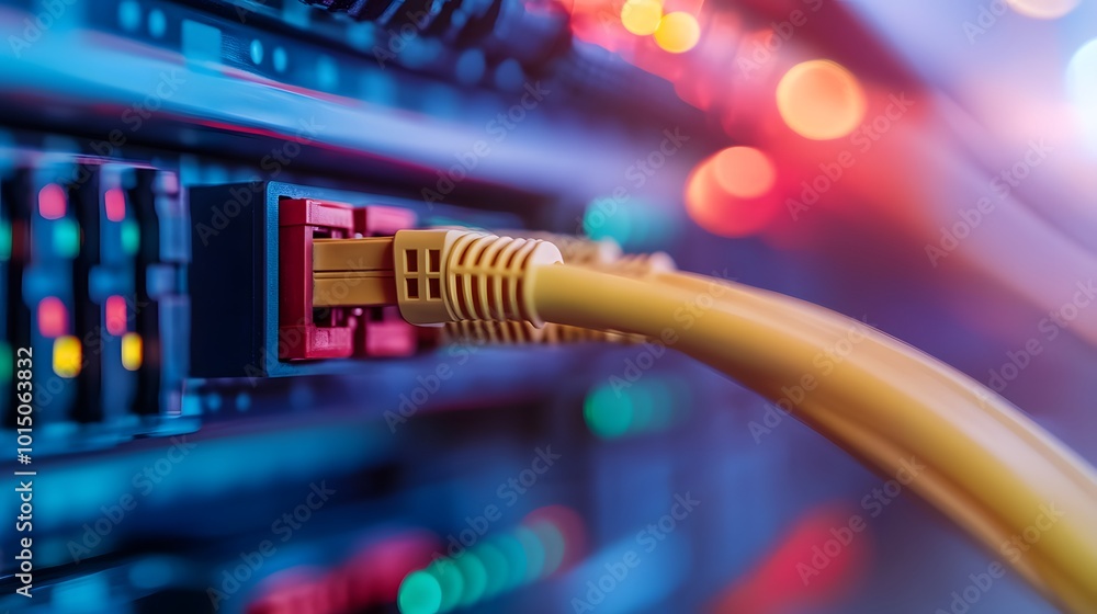 Close-up of network cables and technology in a data center with a blue background, featuring yellow and red colors Close-up of network cables and technology in a data center with a blue background, featuring yellow and red colors