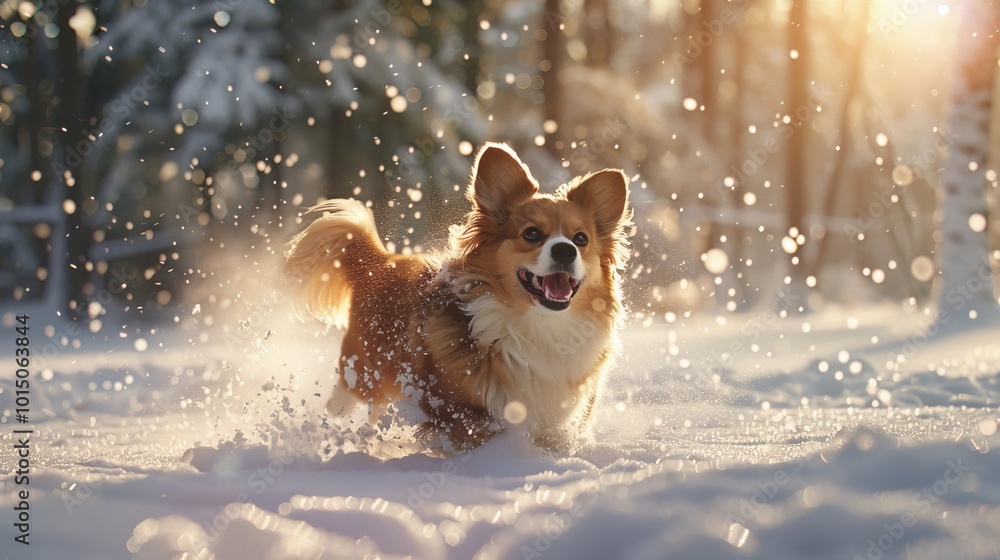 Obraz premium A playful dog joyfully romps in bright snow under a vibrant sunlit winter landscape