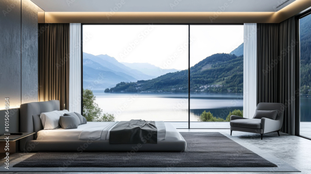 Fototapeta premium Modern bedroom with lake view and mountains in the background highlights serene relaxation in a contemporary design setting