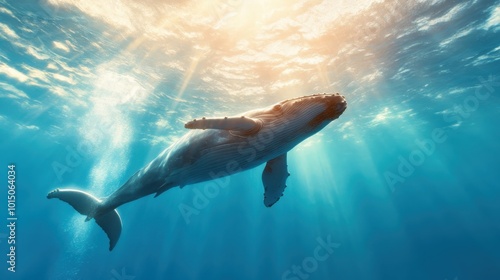 A majestic whale gracefully swims underwater, illuminated by rays of sunlight, embodying the vastness and tranquility of the ocean's depths in its natural habitat.