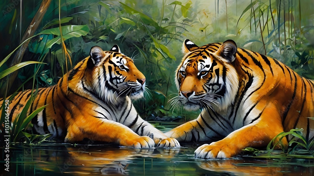 Naklejka premium Abstract painting of tigers resting in a tranquil jungle, with soft, detailed paint strokes and splashes. Mural and oil painting style, symbolizing quiet strength, grace, and balance in nature.