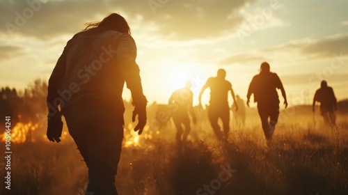 A chilling scene of zombies emerging from burning flames, evoking fear and chaos in a haunting apocalypse setting with intense cinematic warmth. photo