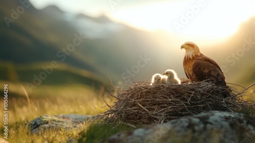 A majestic eagle sits protectively in its nest with two chicks, nestled in a serene mountain landscape, bathed in warm, golden sunlight signifying nature's harmony.