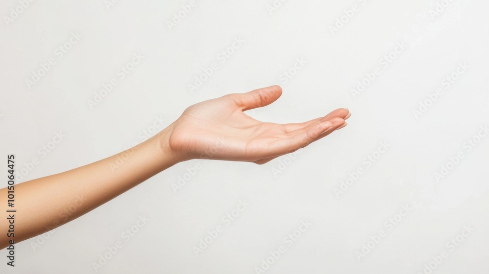 Close-up of an empty open woman's hand against a white background, offering space for creative text or product placement Close-up of an empty open woman's hand against a white background, offering space for creative text or product placement