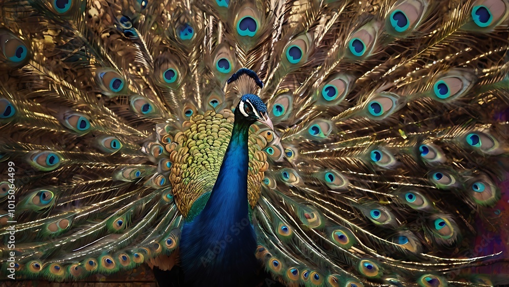 Obraz premium Abstract painting of two peacocks with their feathers spread wide, featuring dynamic paint strokes and splashes. Mural-style with oil painting techniques, representing beauty, elegance, and cultural s