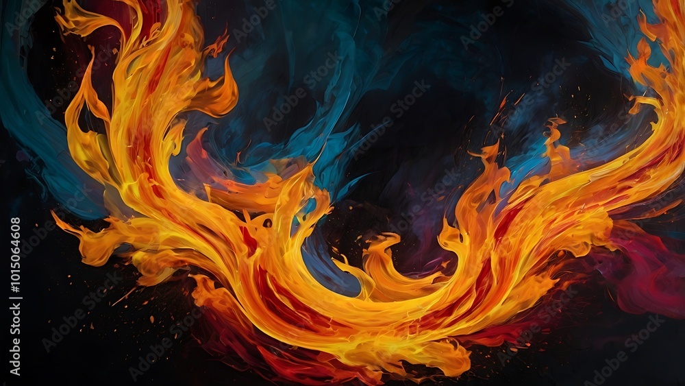 Abstract representation of flames dancing with bold, fiery paint strokes. Mural and oil painting style capturing the dynamic energy and intensity of fire. Abstract representation of flames dancing with bold, fiery paint strokes. Mural and oil painting style capturing the dynamic energy and intensity of fire.