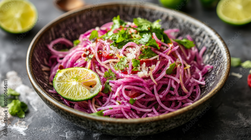 Vibrant purple noodles garnished with lime and fresh herbs served in a rustic bowl on a dark wooden table Vibrant purple noodles garnished with lime and fresh herbs served in a rustic bowl on a dark wooden table