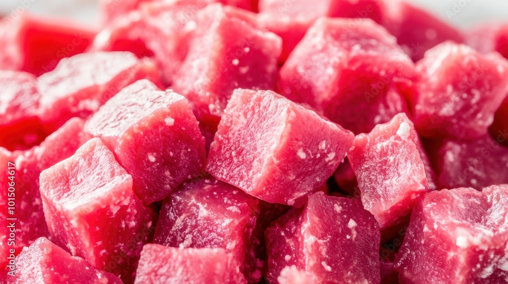 Close-up of diced raw beef cubes on a white background, highlighting freshness and the raw texture, perfect for cooking preparation visuals Close-up of diced raw beef cubes on a white background, highlighting freshness and the raw texture, perfect for cooking preparation visuals