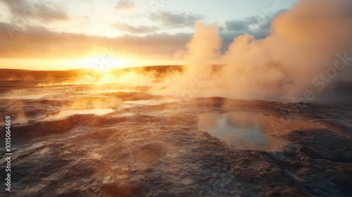 The vibrant geothermal hot springs emit steam against a breathtaking sunset, representing the convergence of earth's raw energy and magnificent natural beauty. photo