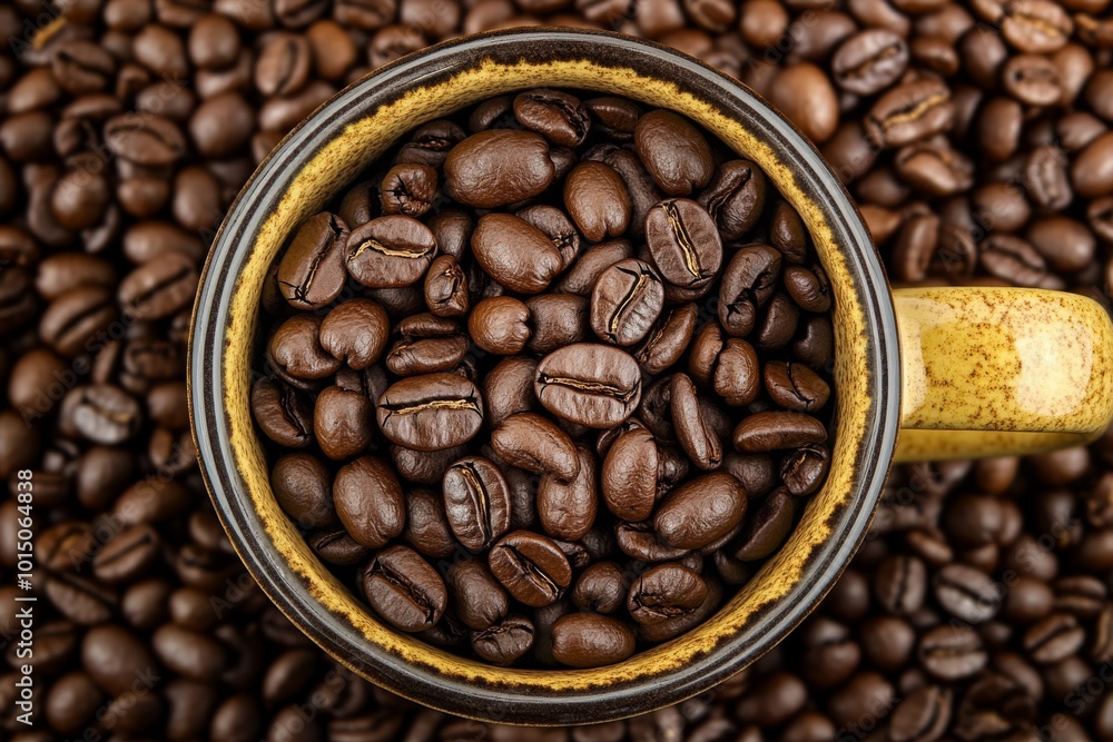 Fototapeta premium Top view of Modern Cup Filled a Coffee Beans on a Roasted Coffee Beans Full Frame Background. Stylish Mug. Closeup. Coffee Shop. Concept for coffee product advertising.