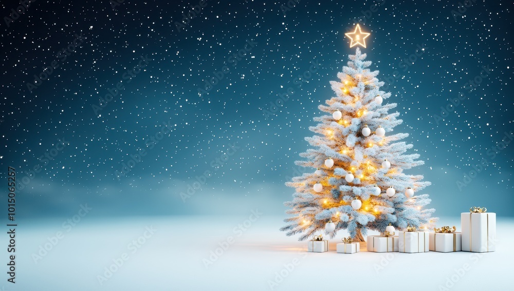 White Christmas Tree with Gifts Under Snowy Night Sky White Christmas Tree with Gifts Under Snowy Night Sky