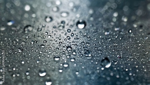 Close-up texture of water droplets on a glass surface, with soft reflections and light refraction. Ideal for creating fresh, clean, or rainy-day effects.