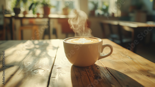 Steaming Coffee in White Cup on Wooden Table with Sunlight photo