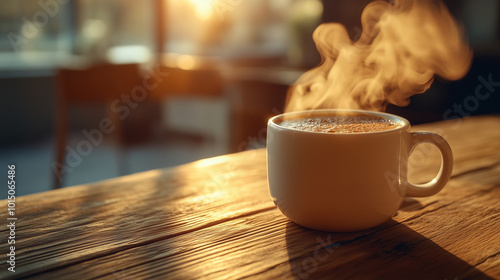 Steaming Coffee Cup with Latte Art on Wooden Table in Café photo