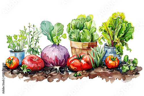 Watercolor painting realistic set of gardening theme with vegetables, boots, watering can , tools , rakes , clippers , blade , onion, cabbage, tomato, radish, scrapbook set.