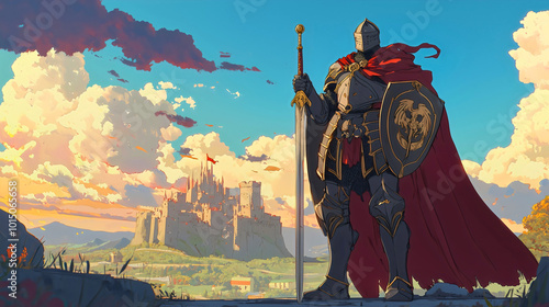 A giant knight in a shiny gray armor, holding a massive gilded sword and a large shield, standing proudly with a castle and a town visible behind him, depicted in an animated style.