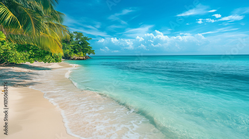 Tranquil Tropical Beach With Turquoise Water And Shaded Palm Trees