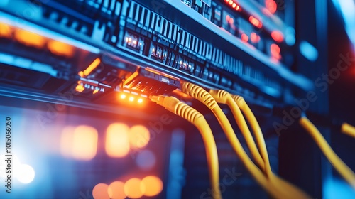 Close-up of network cables and technology in a data center with a blue background, featuring yellow and red colors