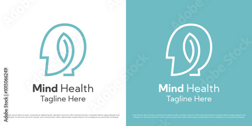Mental mind health logo design illustration. Silhouette linear line head leaf nature mental health. Simple minimal minimalist icon symbol health care clinic hospital psychiatrist psychologist.